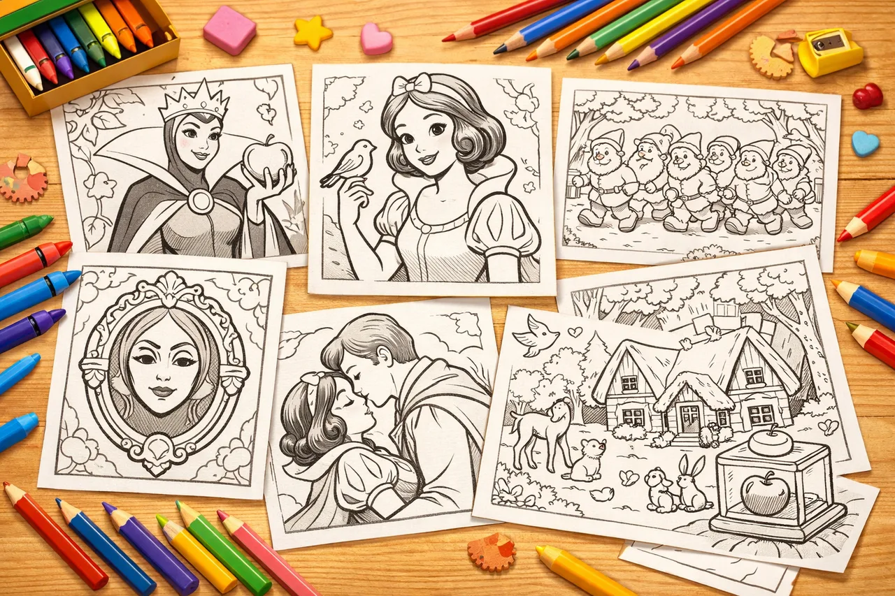 Snow White coloring pages cover collage