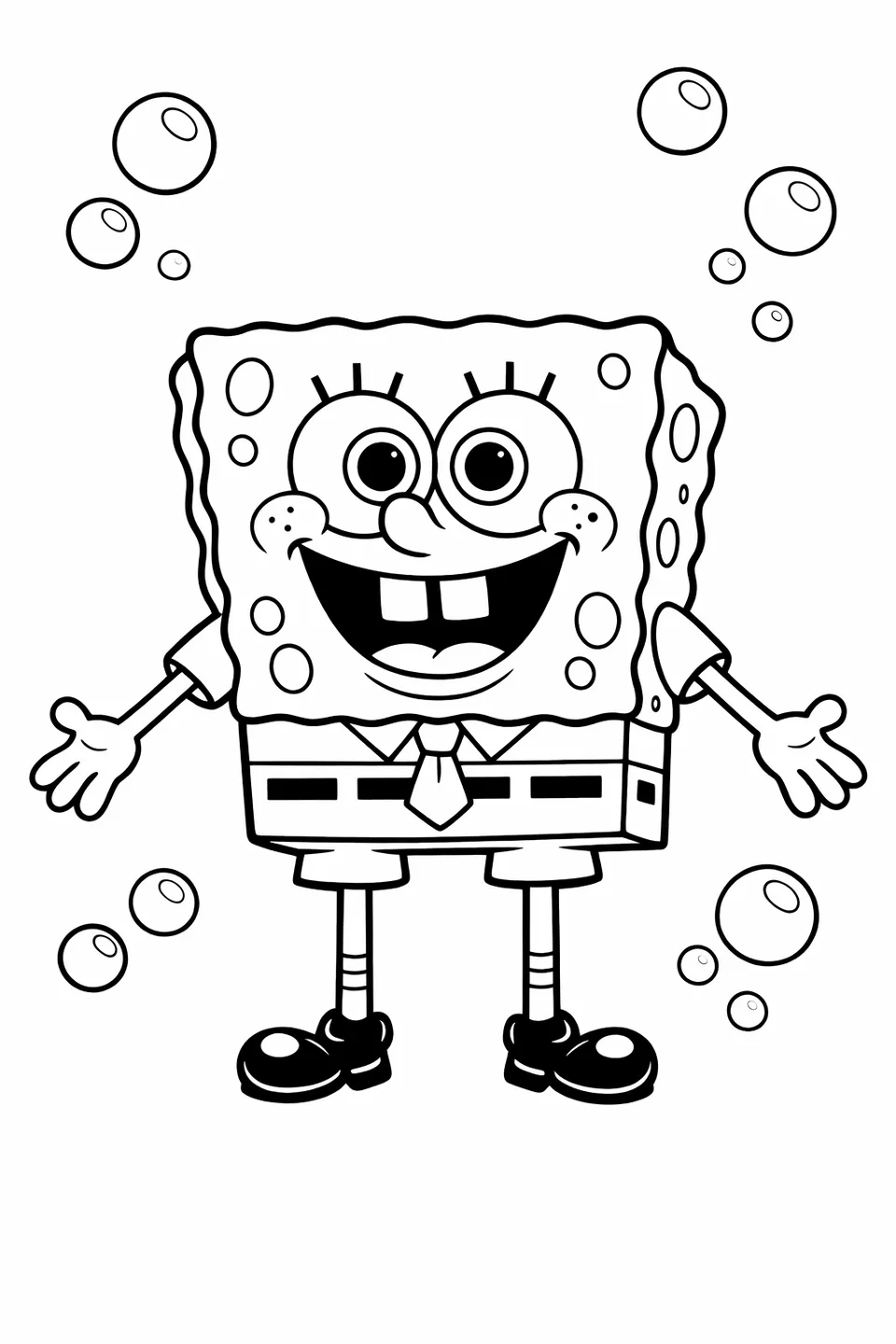 Contorno de Bob Esponja de pie con los brazos extendidos, mostrando dientes cuadrados, pecas, corbata roja y pantalones marrones