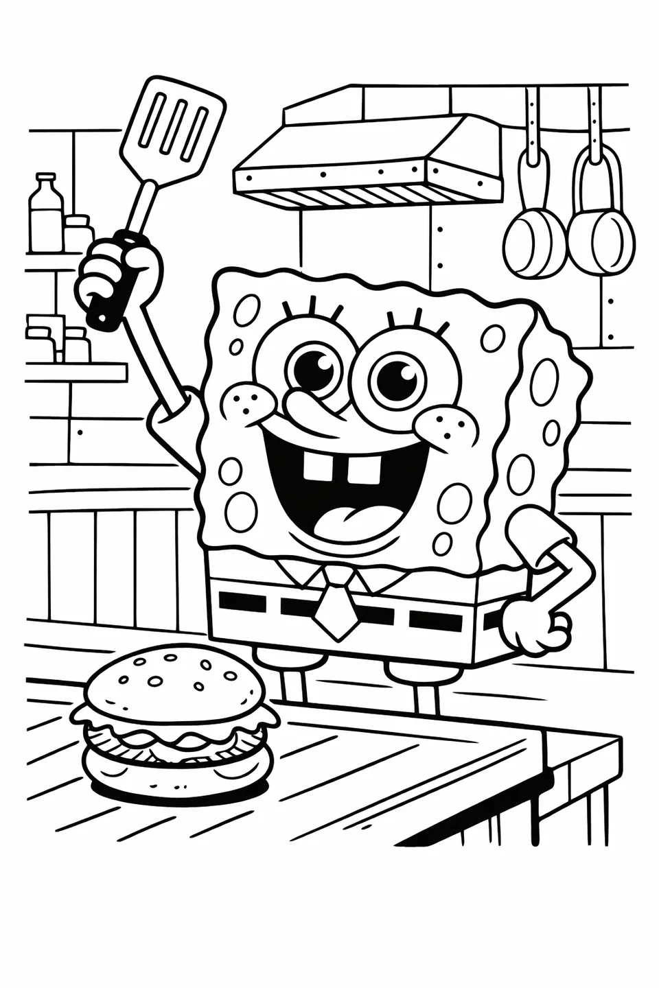 Bob Esponja sosteniendo una espátula sobre una Cangreburguer en una parrilla de dibujos animados, vistiendo una camisa blanca y corbata roja