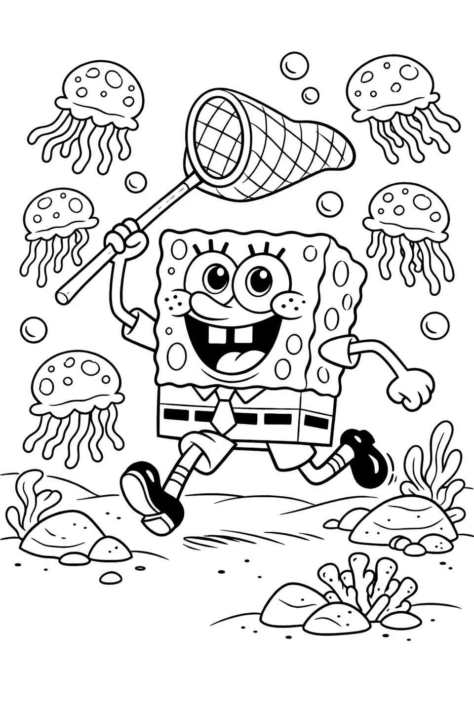 Bob Esponja corriendo con una red para mariposas hacia medusas de dibujos animados en un campo subacuático abierto