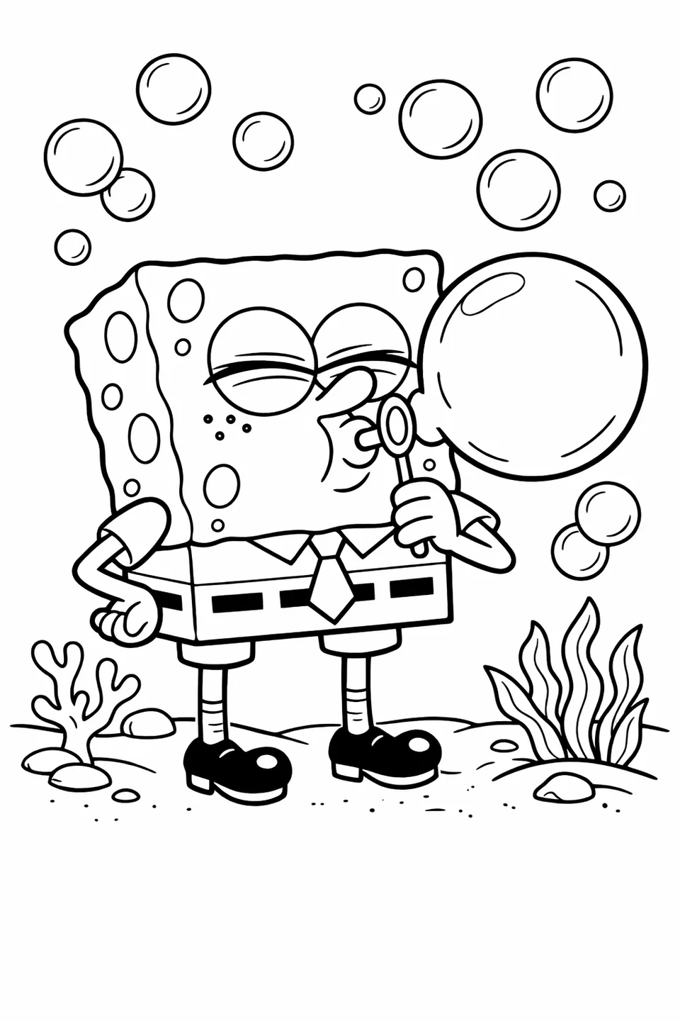 Bob Esponja soplando una burbuja con una varita, rodeado de burbujas circulares flotantes en una escena de contorno de dibujos animados