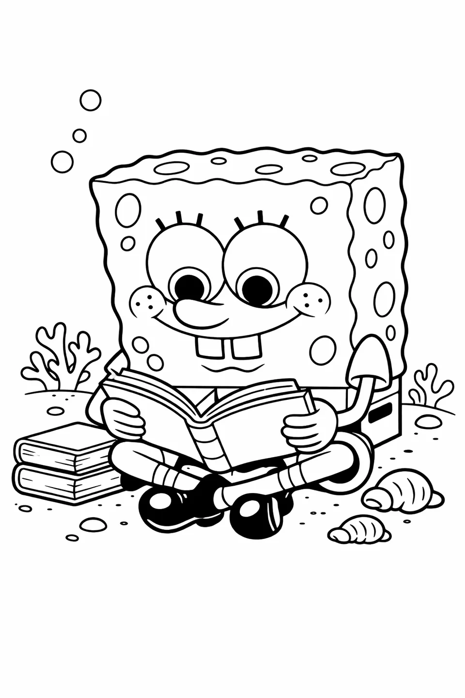 Bob Esponja sentado con las piernas cruzadas leyendo un libro abierto con una pila de libros a su lado en el fondo del mar