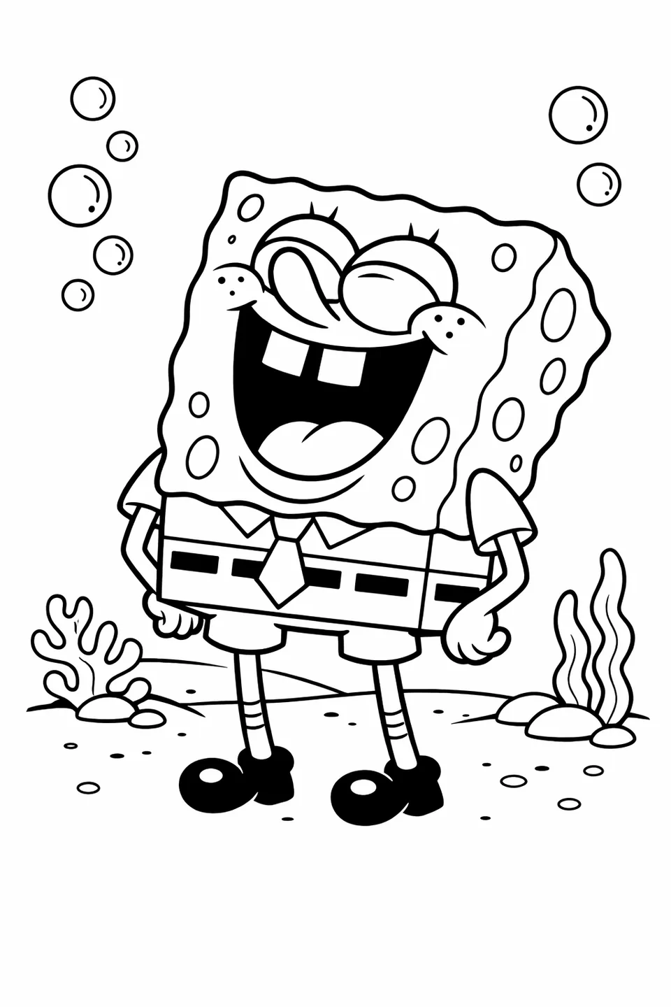 Bob Esponja riendo con la cabeza echada hacia atrás, la boca abierta mostrando dientes cuadrados, las manos a los lados