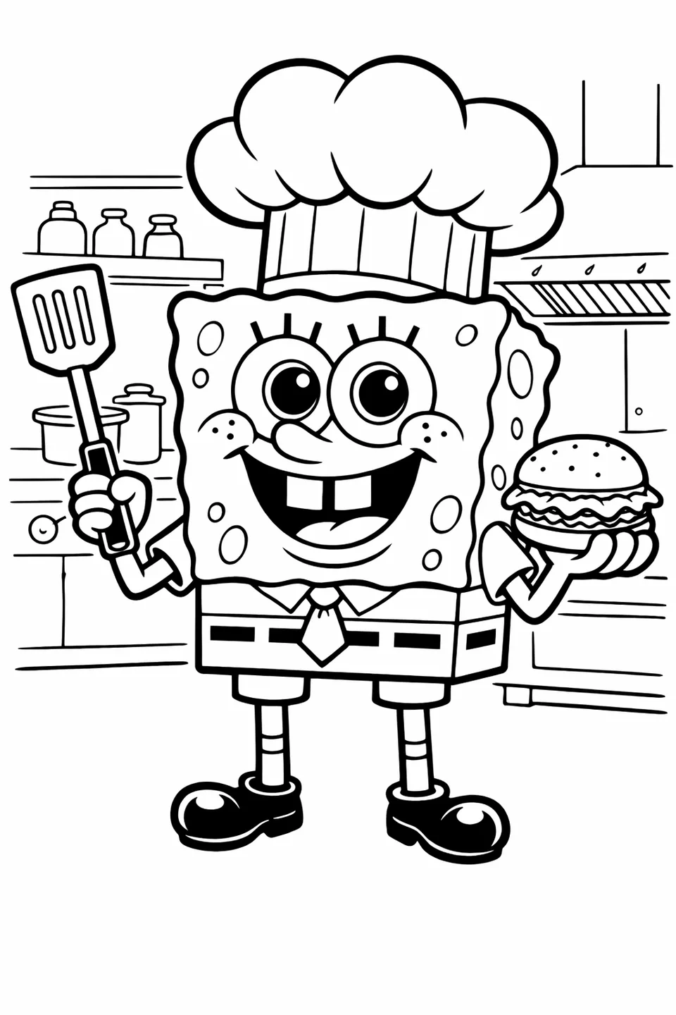 Bob Esponja con gorro de chef sosteniendo una espátula y una Cangreburguer en una escena de cocina con contorno de dibujos animados
