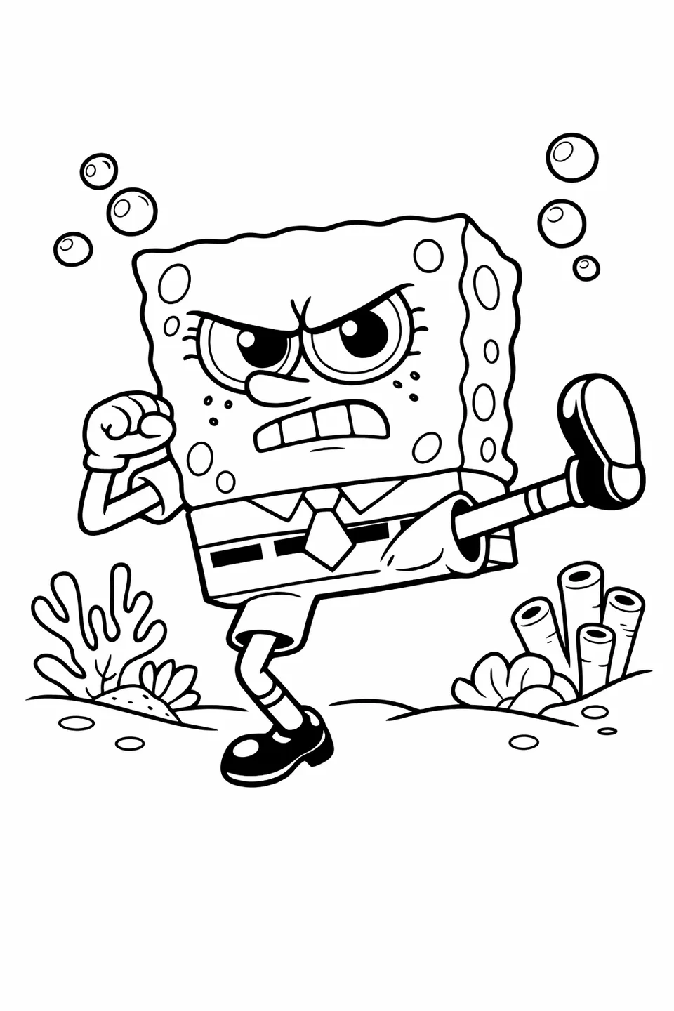 Bob Esponja en posición de karate con una pierna levantada, brazos en posición de guardia, vistiendo su corbata roja y pantalones cuadrados