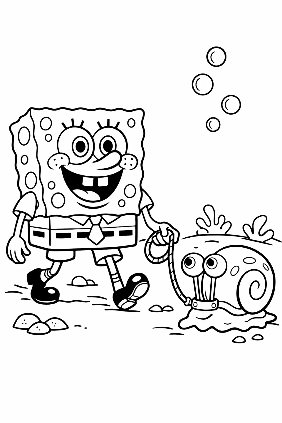 Bob Esponja sosteniendo una correa atada a Gary el caracol mientras camina por el fondo marino de dibujos animados