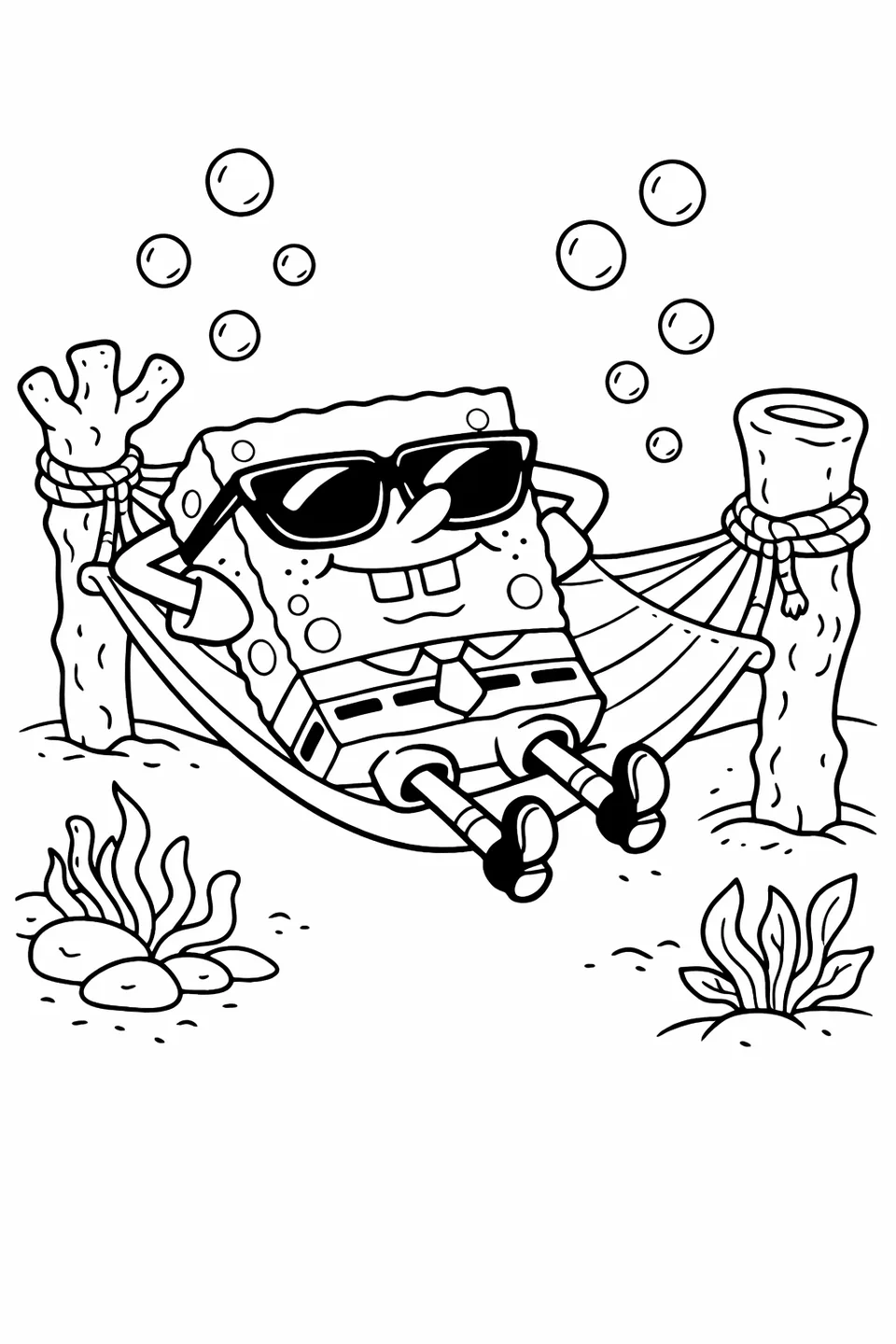 Bob Esponja acostado en una hamaca con gafas de sol y los brazos cruzados detrás de la cabeza en una escena de contorno de dibujos animados