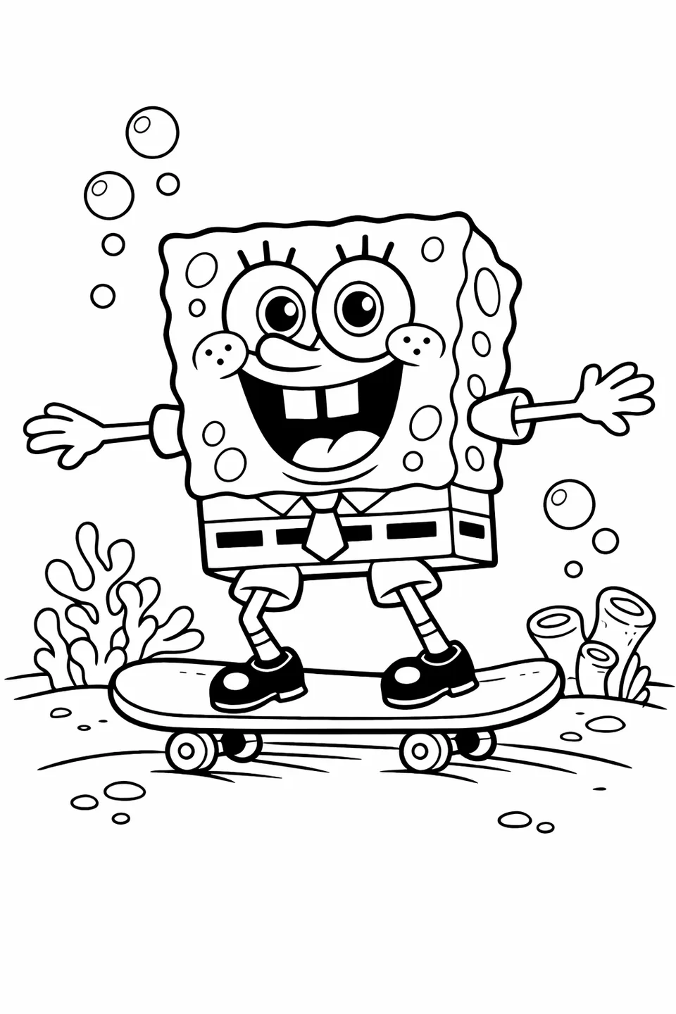 Bob Esponja balanceándose en una patineta con los brazos extendidos y la boca abierta en una escena de contorno de dibujos animados