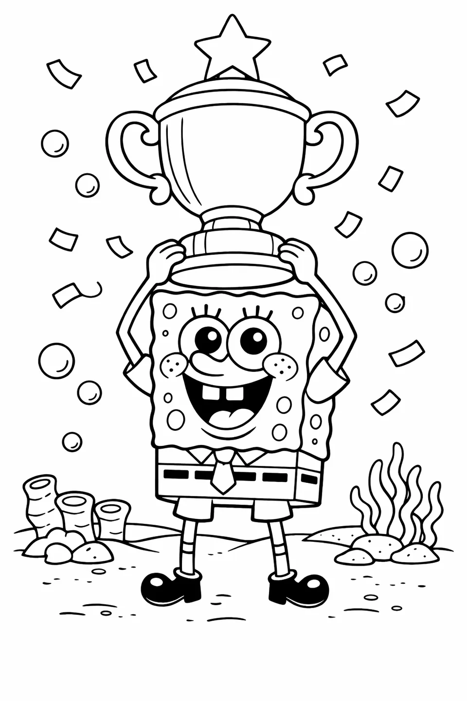 Bob Esponja sosteniendo un trofeo sobre su cabeza con trozos de confeti a su alrededor en un dibujo de contorno de dibujos animados