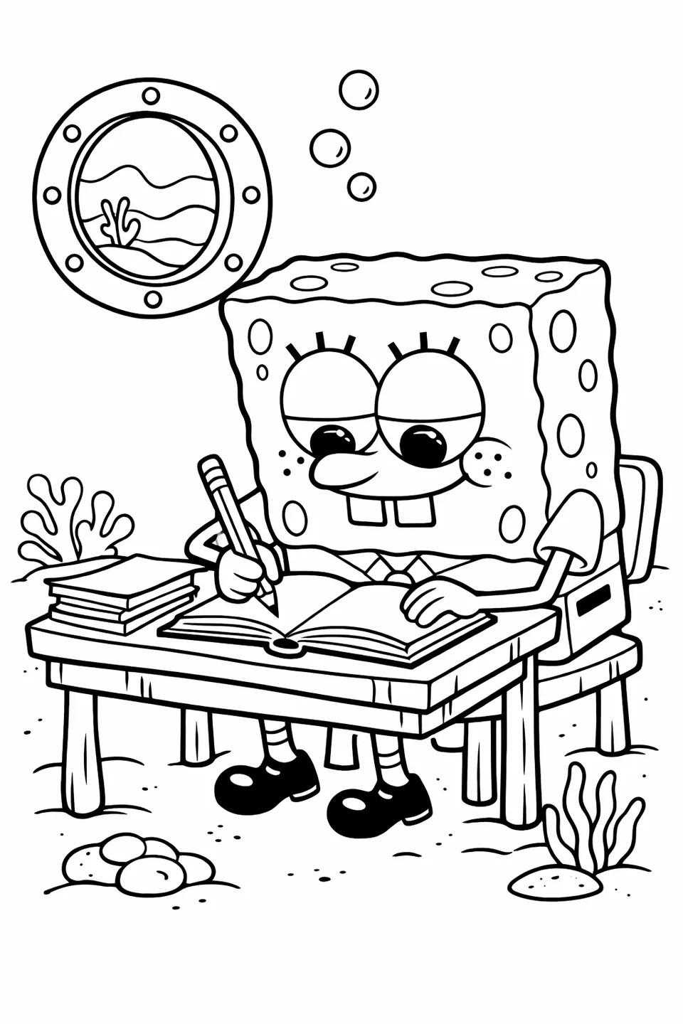 Bob Esponja sentado en un escritorio con un lápiz y un cuaderno abierto, papeles apilados cerca en una escena de contorno de dibujos animados