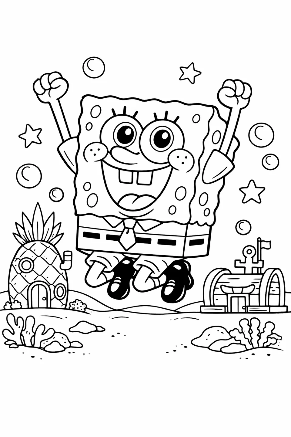 Bob Esponja personaje salta en el aire con las piernas recogidas y los brazos levantados, sonriendo con dientes cuadrados en un dibujo de contorno caricaturesco