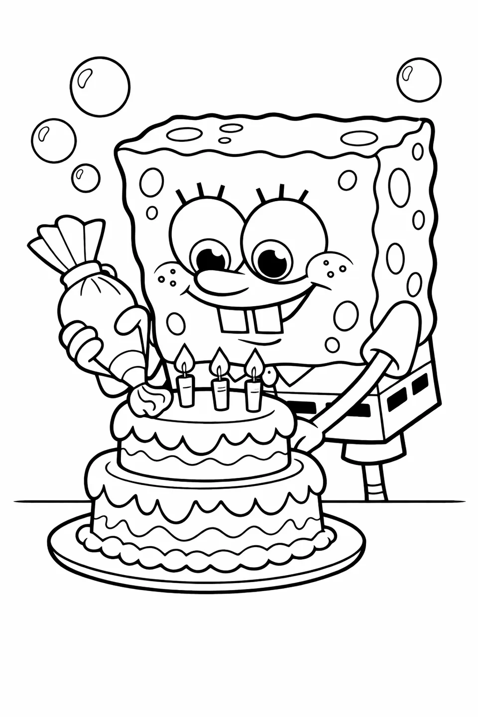 Bob Esponja decora un pastel de cumpleaños alto con una manga pastelera en un dibujo de contorno caricaturesco
