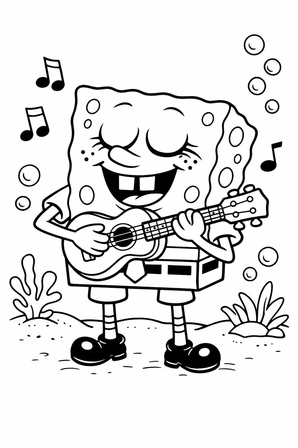 Bob Esponja tocando un ukelele con los ojos cerrados y notas musicales flotando a su alrededor en una escena de contorno caricaturesco