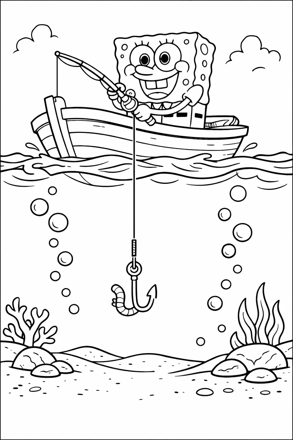 Bob Esponja pescando en un bote pequeño con una caña de pescar y la línea en el agua