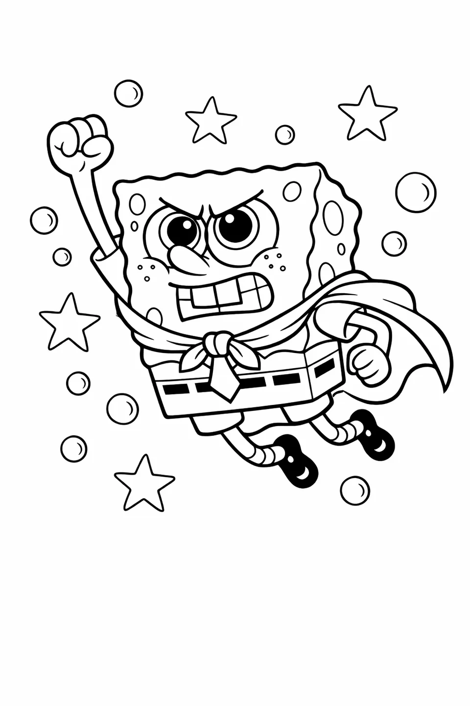 Bob Esponja con capa volando con un puño levantado en un dibujo lineal de caricatura