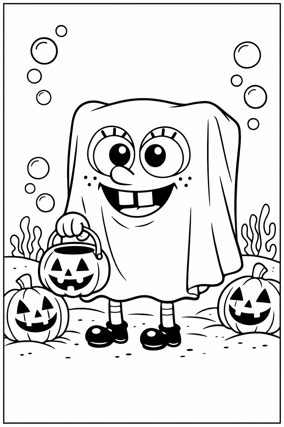 Bob Esponja disfrazado de fantasma sosteniendo un cubo de dulces con calabazas al fondo