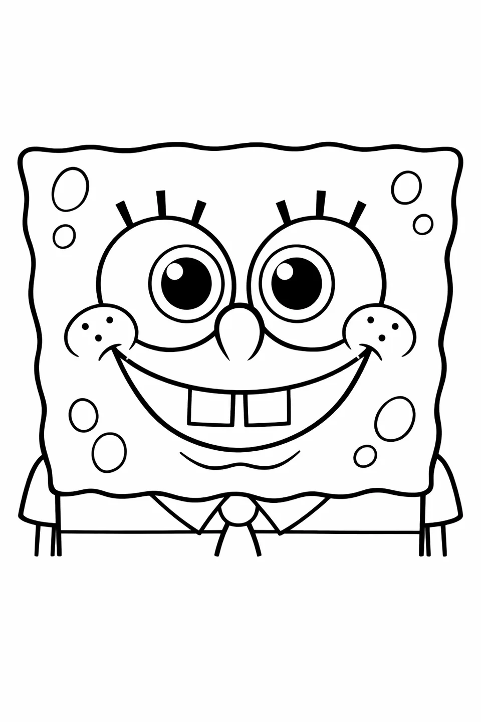 Primer plano del rostro de Bob Esponja mostrando ojos azules grandes, dientes cuadrados y pecas en cada mejilla