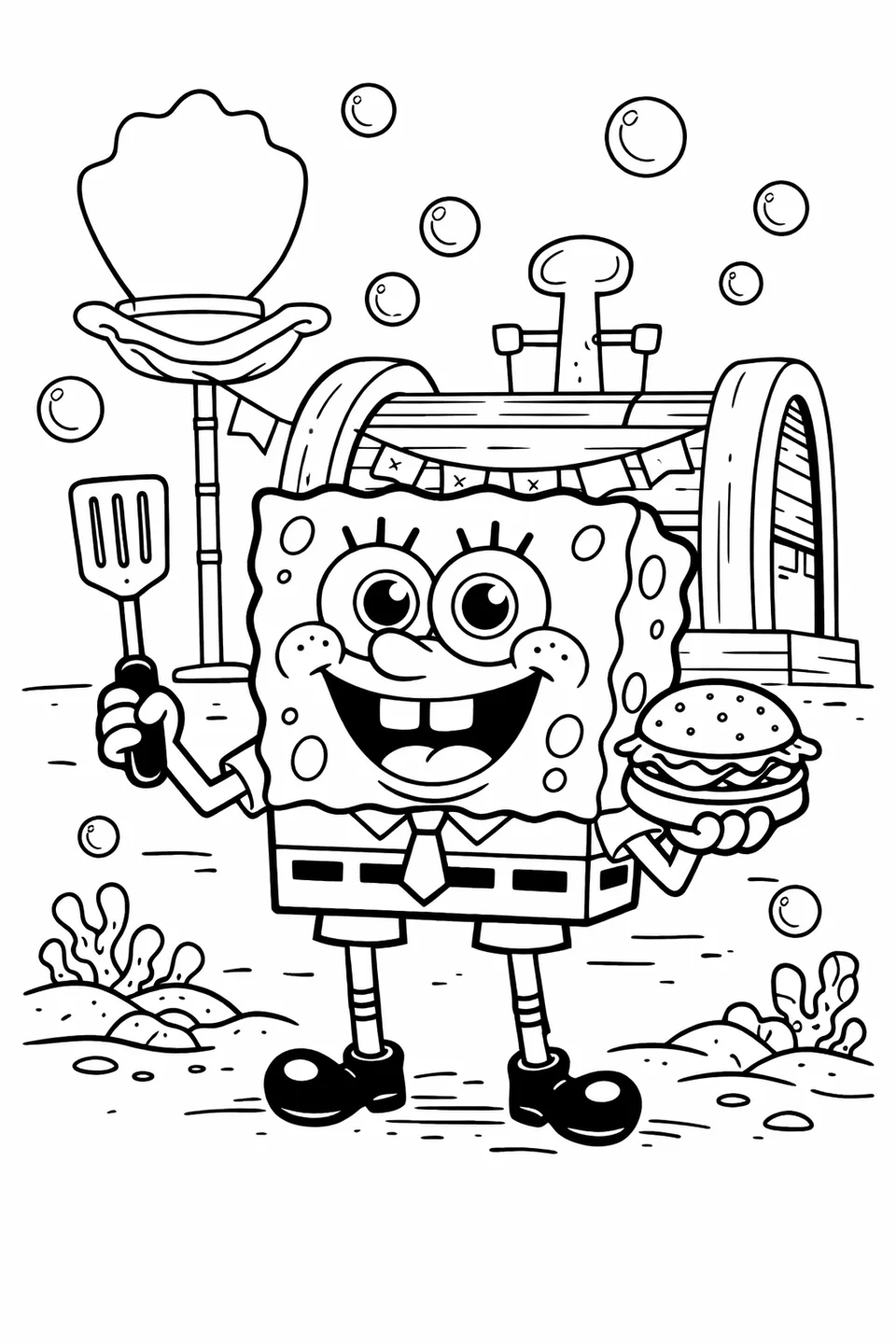 Bob Esponja sosteniendo una Cangreburger y una espátula frente al edificio del Crustáceo Cascarudo.