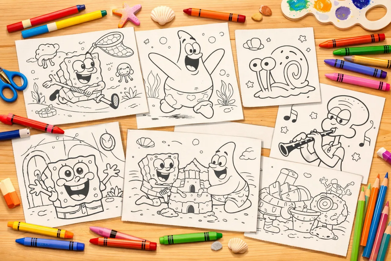 Collage de portada de páginas para colorear de Bob Esponja