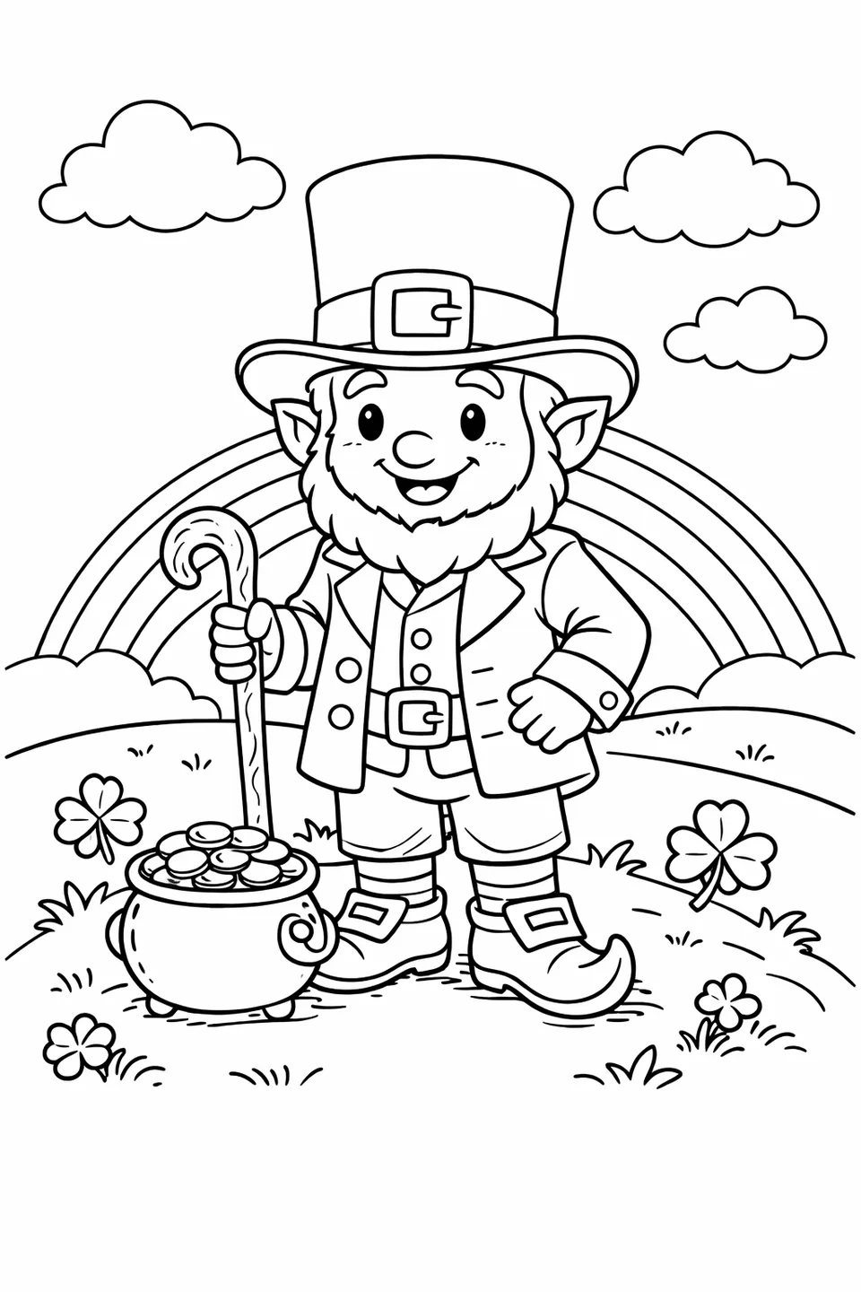 Leprechaun in a tall buckled hat and coat standing on a grassy hill next to a pot of gold coins