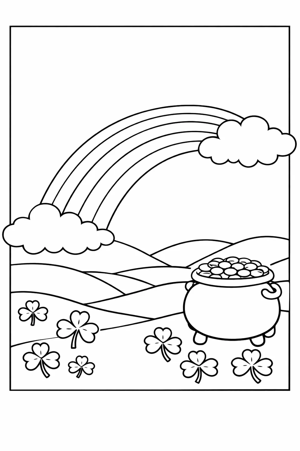 Rainbow arching over rolling hills with a pot of gold at the base and shamrocks on the ground