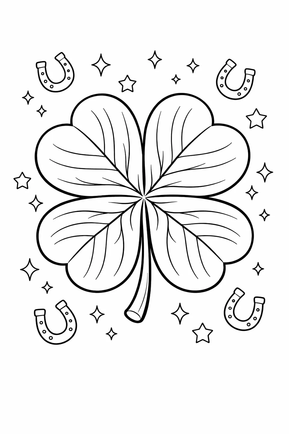 Large four-leaf clover with visible veins surrounded by small horseshoes and stars