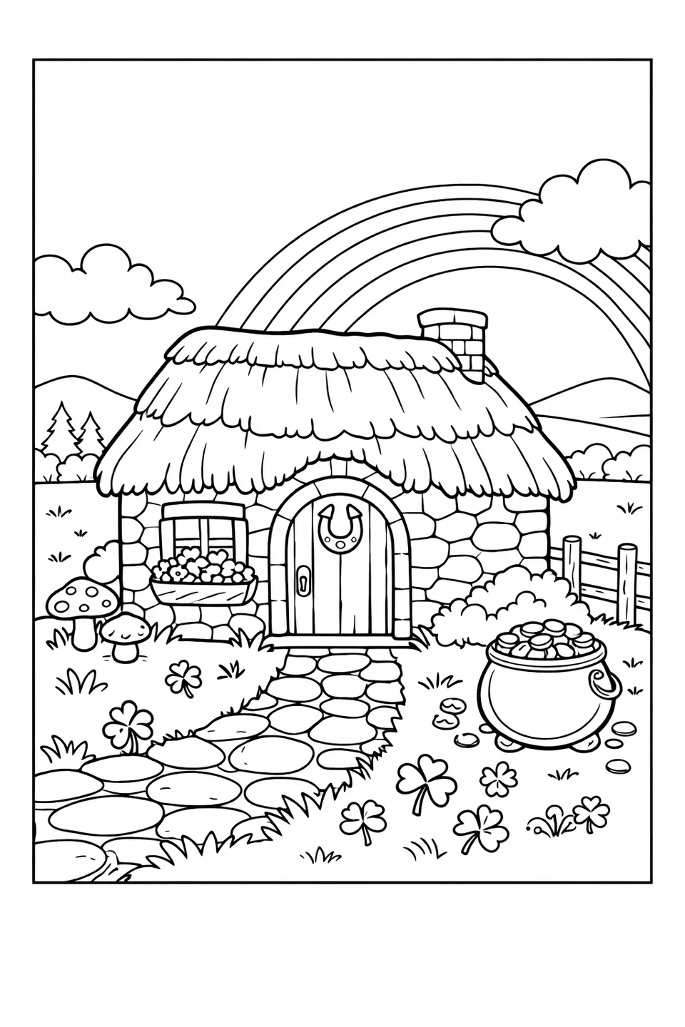 Stone cottage with a thatched roof, horseshoe above the door, and a rainbow rising behind the roofline