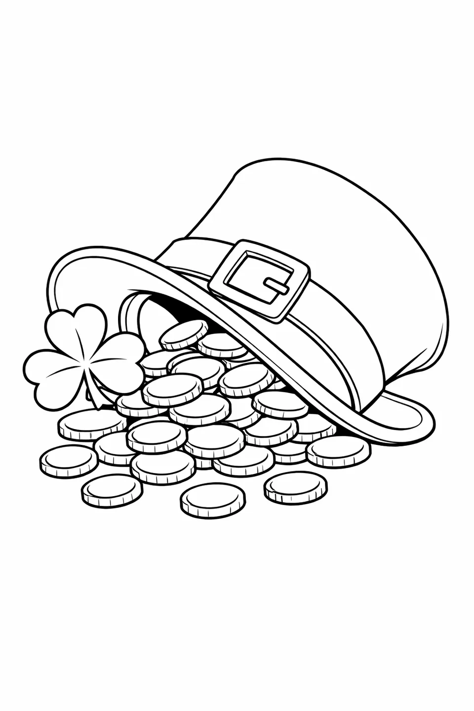 Tall leprechaun hat on its side with gold coins spilling out and a shamrock leaning against the brim