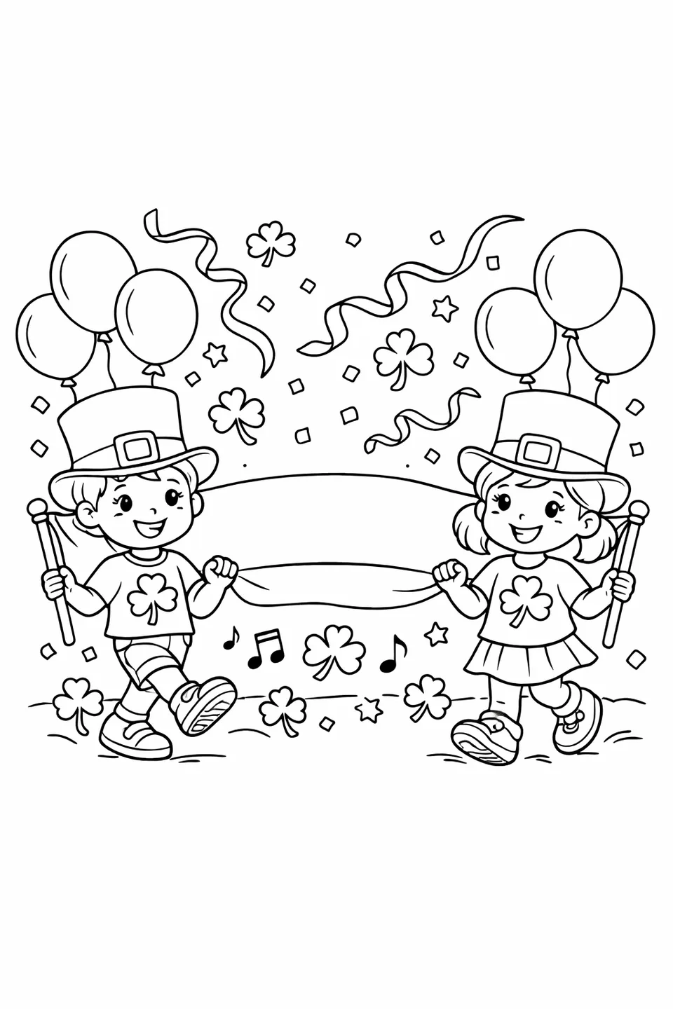 Two children in green top hats and shamrock shirts carrying a banner in a parade with balloons and streamers
