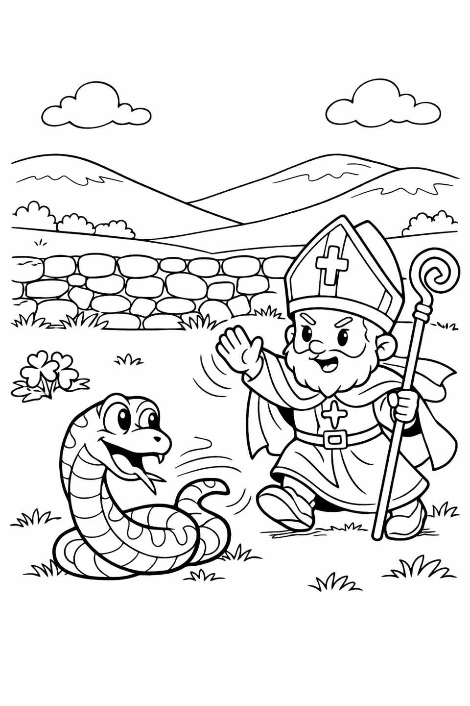 Robed figure shooing a cartoon snake across a grassy meadow with rolling hills and a stone wall in the background