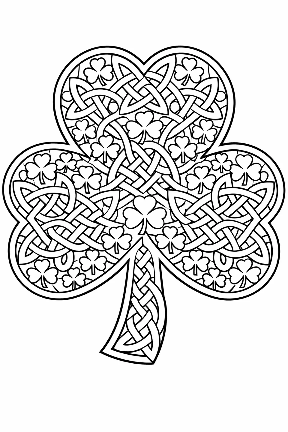 Large shamrock outline filled with Celtic knot swirls and small shamrock shapes inside each leaf