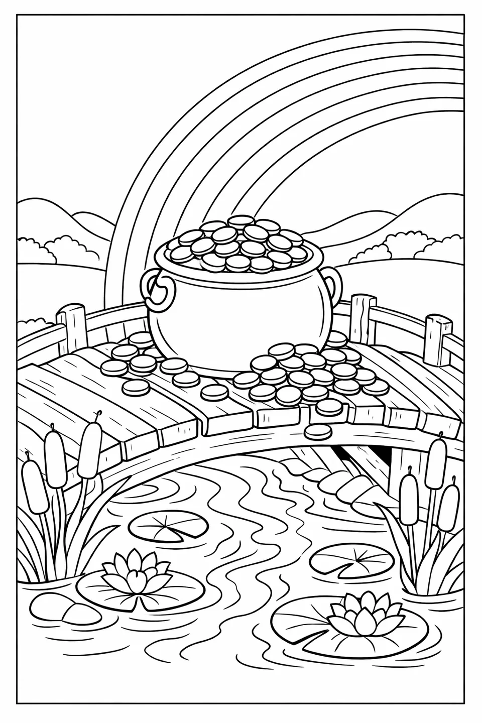 Pot of gold on a wooden bridge over a brook with lily pads below and a rainbow rising in the distance