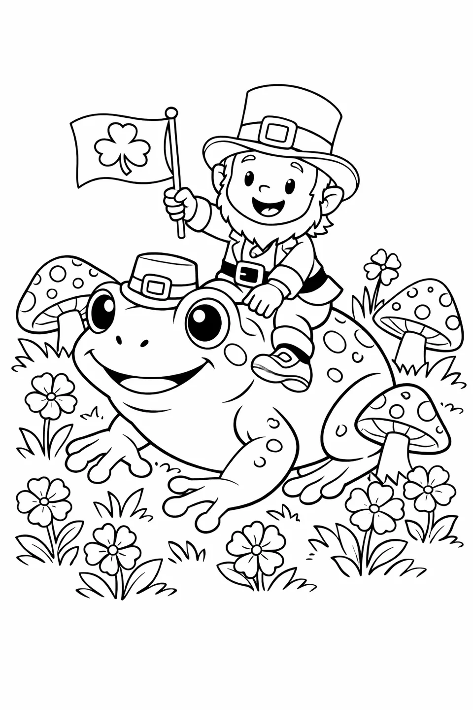 Leprechaun riding a large frog through a field with mushrooms and flowers while holding a shamrock flag