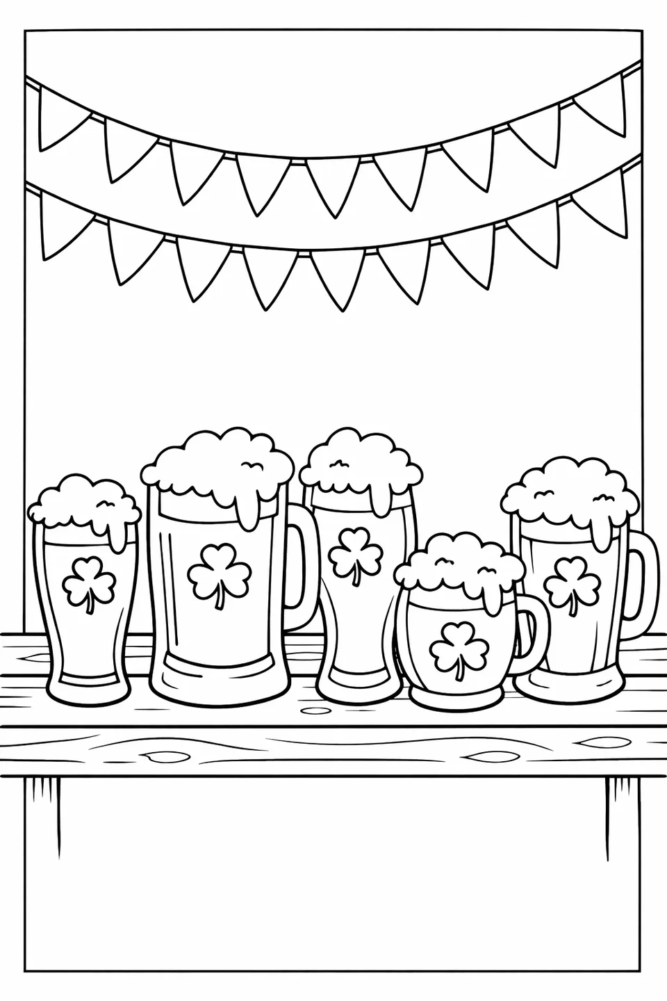 Row of green mugs and glasses with foam and shamrock designs on a wooden table with bunting above