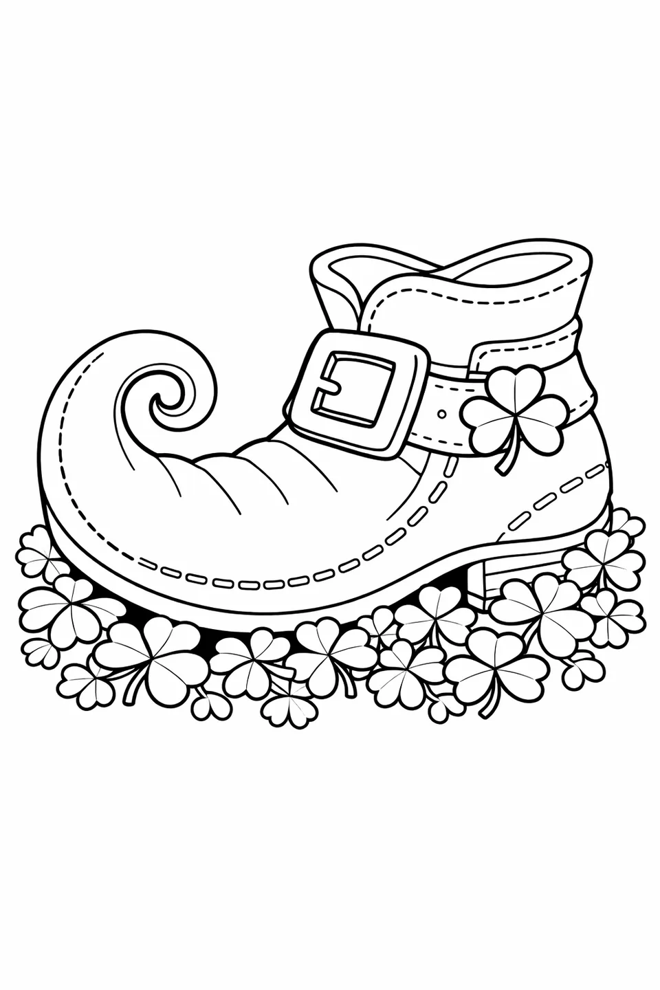 Leprechaun shoe with a curled toe, buckle, and stitching resting on a patch of clover with a shamrock near the buckle