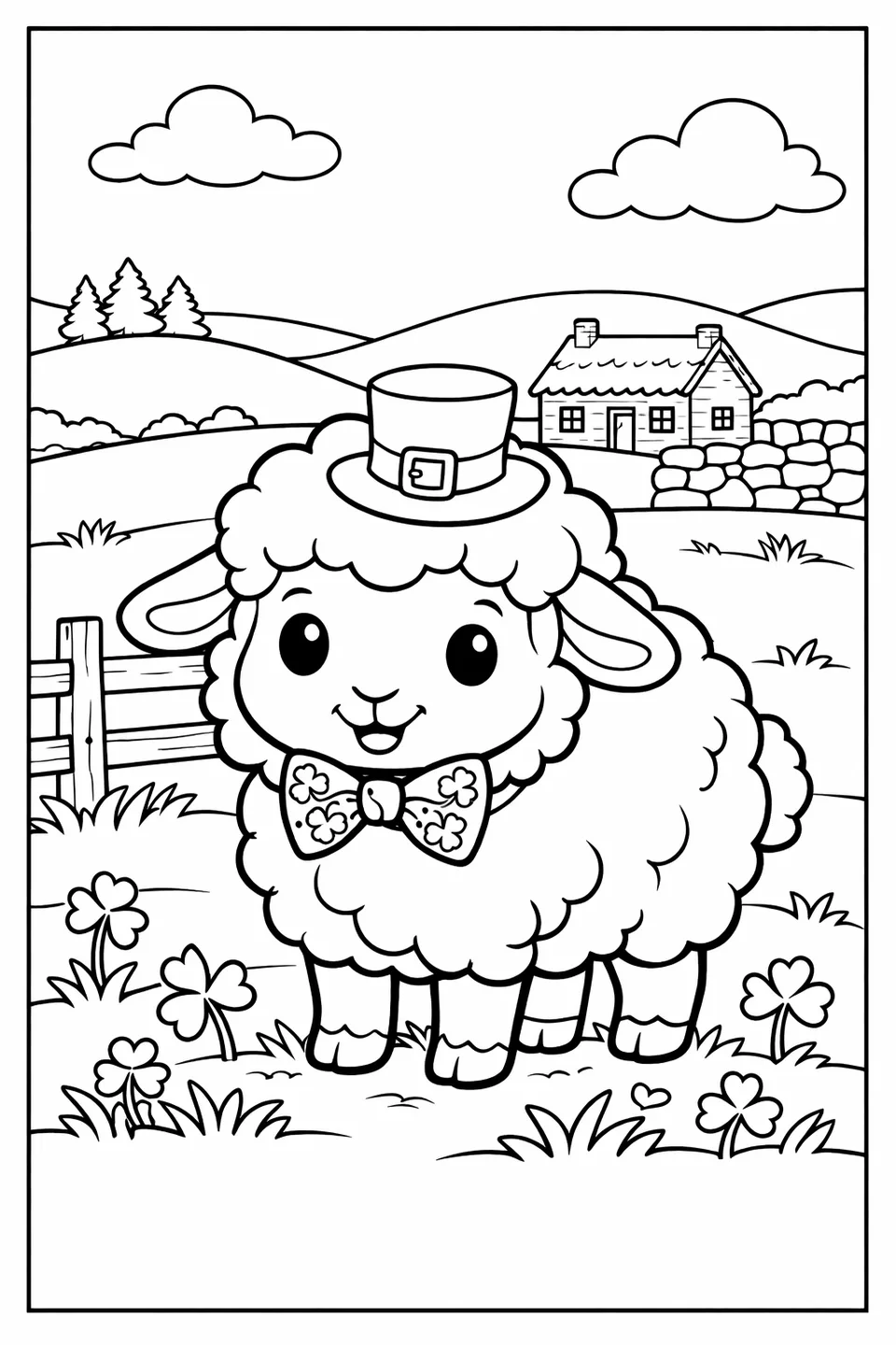 Fluffy sheep wearing a green top hat and shamrock bow tie standing in a grassy pasture with hills behind it