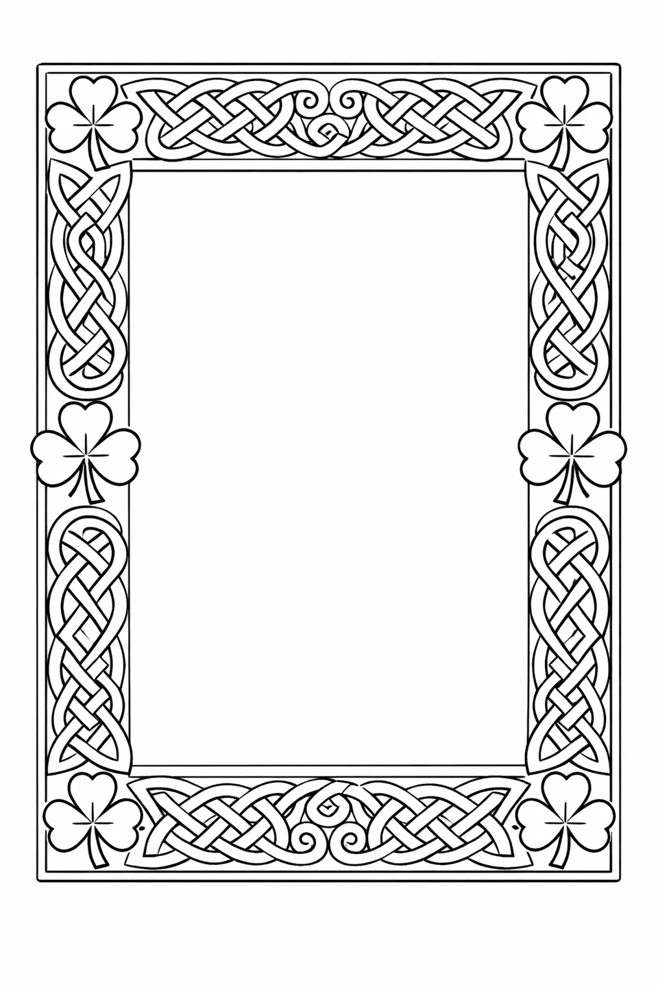 Rectangular Celtic knot border with interlocking loops and a shamrock at each of the four corners