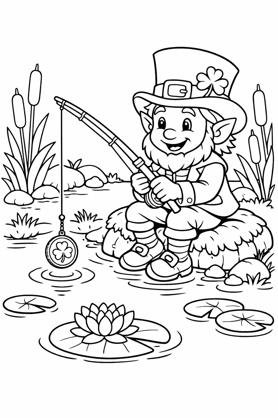 Leprechaun sitting on a mossy rock fishing with a gold coin on the line over a pond with cattails and lily pads