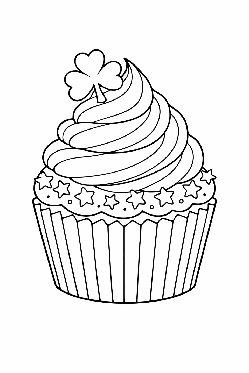 Cupcake with swirled green frosting, a fondant shamrock on top, and gold star sprinkles in a striped wrapper