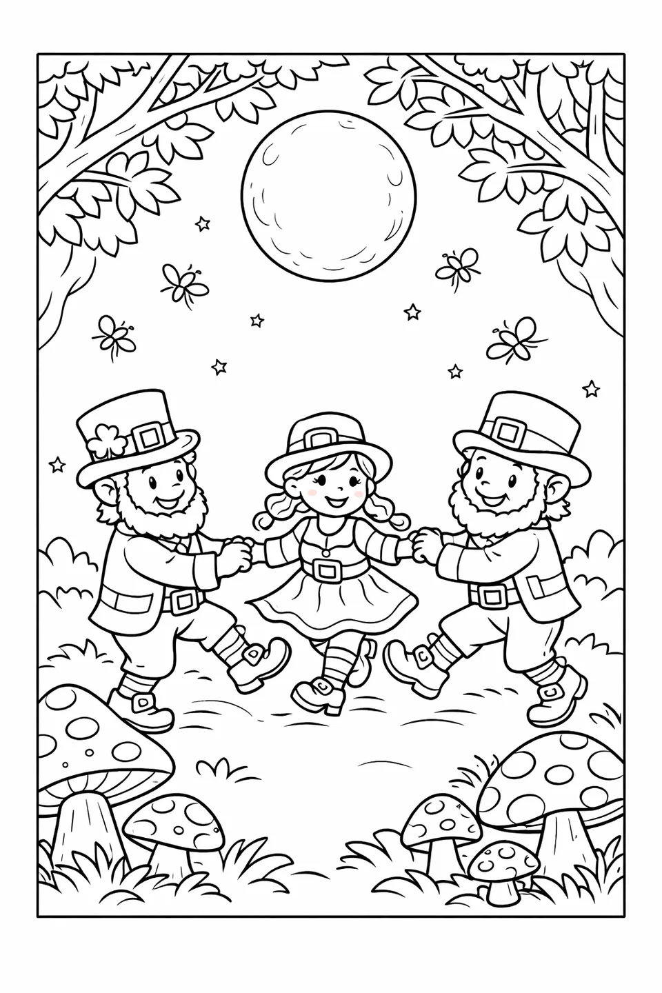 Three leprechauns holding hands dancing in a circle in a forest clearing with toadstools and a moon overhead