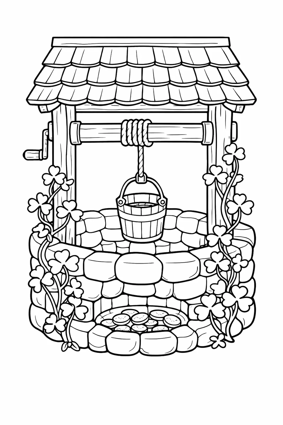 Round stone wishing well with a wooden roof, shamrock vines climbing the sides, and coins glinting at the bottom