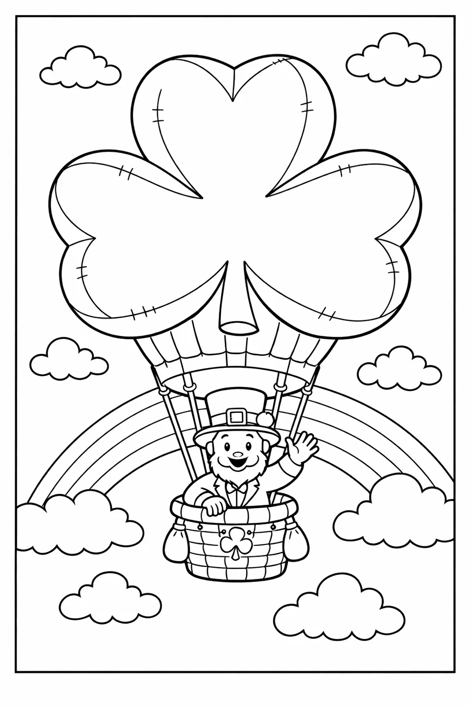 Shamrock-shaped hot air balloon floating in a cloudy sky with a leprechaun waving from the basket and a rainbow behind it