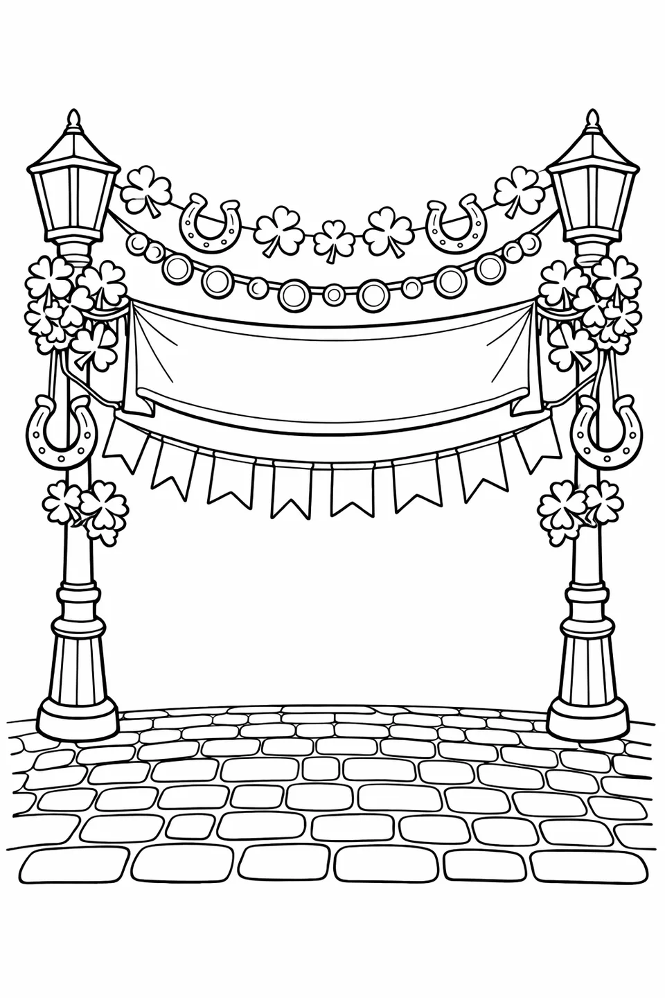 St. Patrick's Day banner strung between two lampposts with shamrock and horseshoe decorations and a cobblestone street below