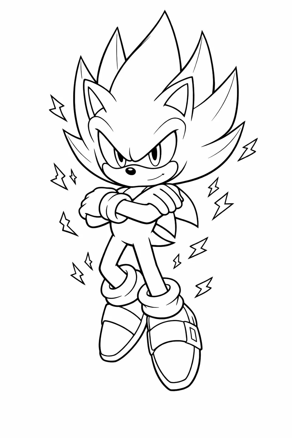 Super Sonic with golden fur and glowing red eyes hovering in midair with arms crossed and energy sparks around him