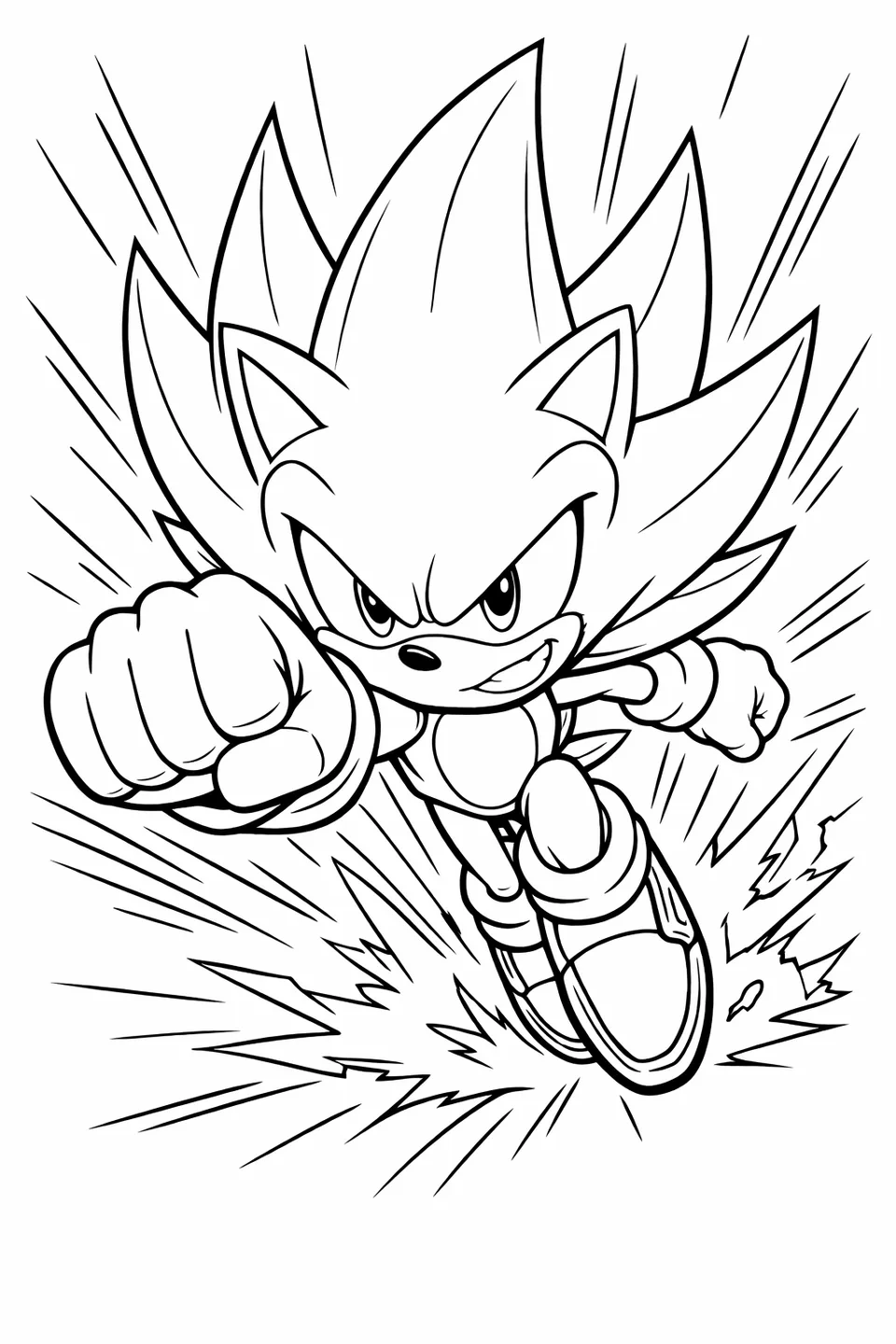 Super Sonic with golden spines and red eyes charging forward with one fist extended and speed lines behind him