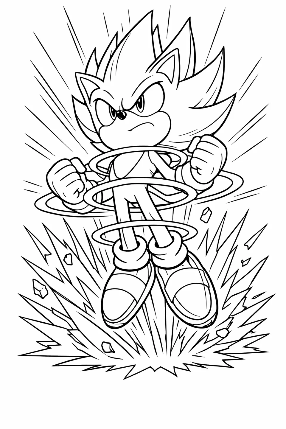 Super Sonic rising from a burst of light with spines flared outward and energy rings around his body