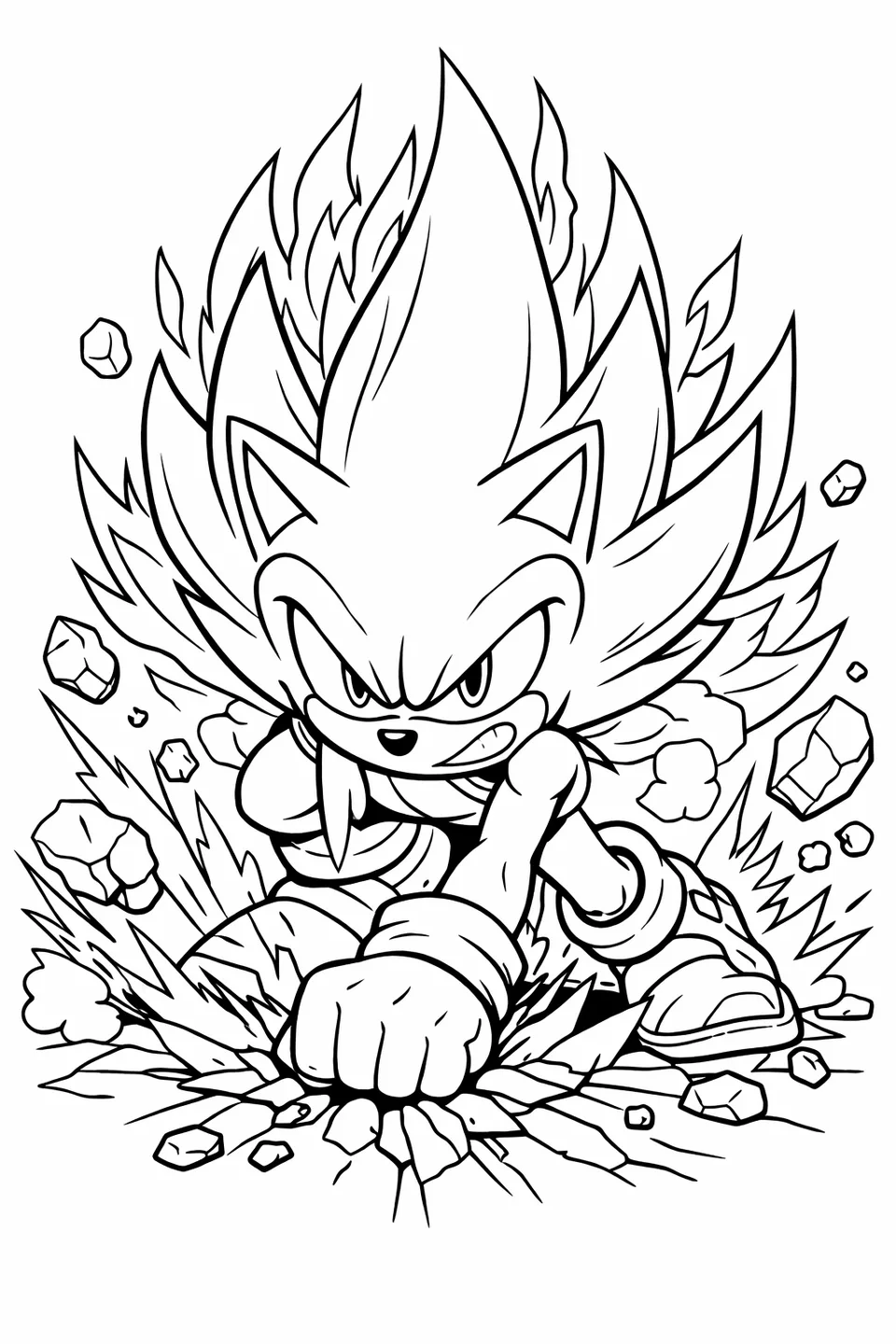 Super Sonic punching the ground inside a crater with rocks and dust exploding outward