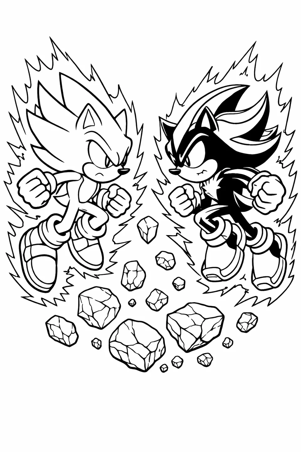 Super Sonic and Shadow the Hedgehog facing each other in midair with energy auras and floating rock debris between them