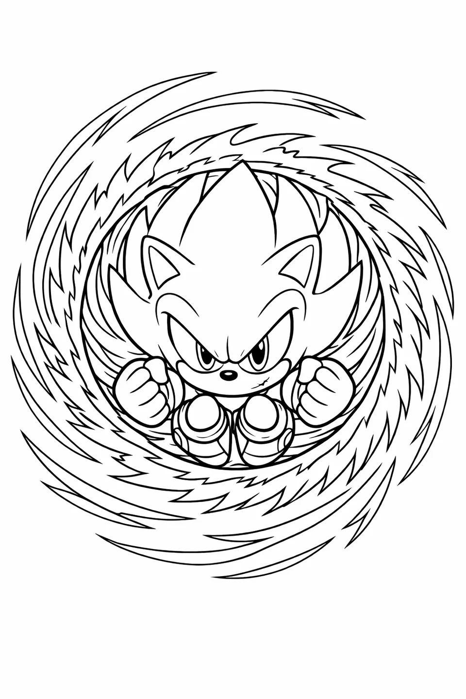 Super Sonic curled into a spin ball surrounded by a ring of golden energy with spiral motion lines around it