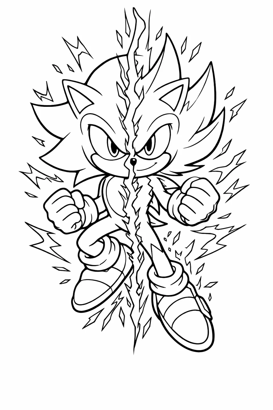 Sonic the hedgehog mid-transformation with one blue half and one golden half divided by a jagged line of energy
